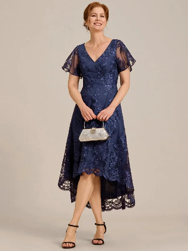 Bonnie | Embroidered Mesh Double V Neck Midi Mother of the Bride Dress Tunics Winter warm