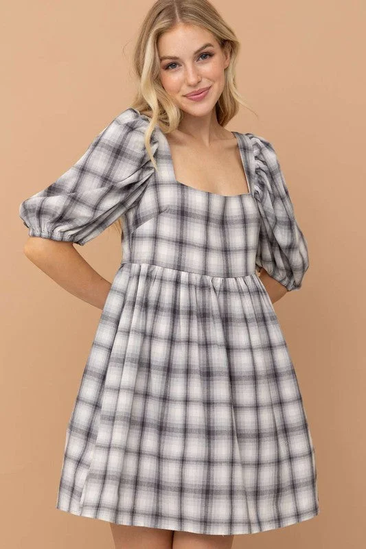 The Autumn Is Calling Plaid Babydoll Dress Elegant Long Evening