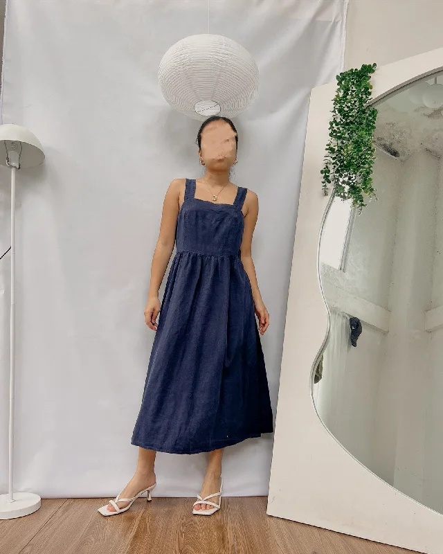 navy blue linen basic square neck dress Cowl Neckline Elegant