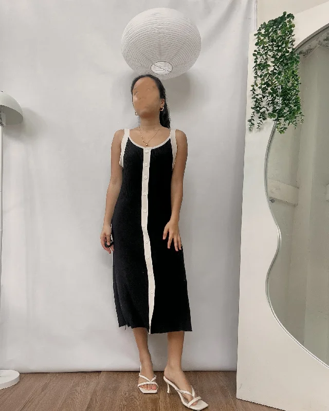 Knitted black false  button down dress with white hemline Tunics Business professional
