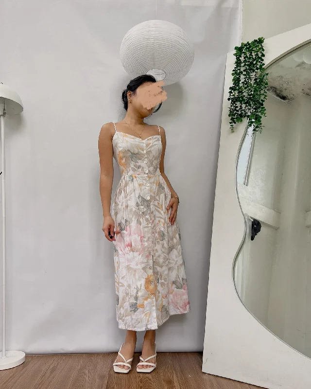 H&M high quality linen floral smocking back dress Tunics Evening elegant