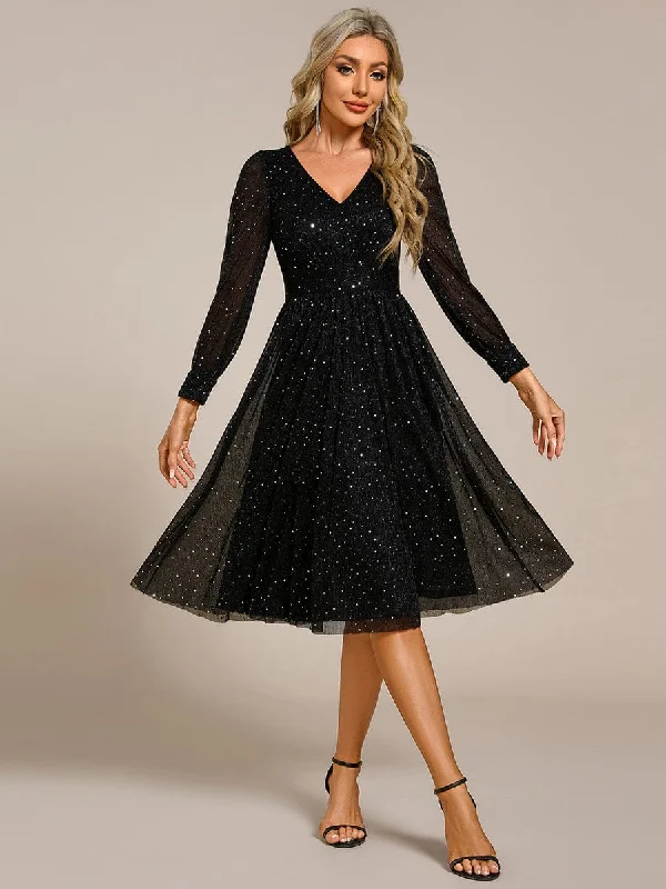 Glitter Midi Wedding Guest Dress with Long Sleeves Tunics Sophisticated sleek