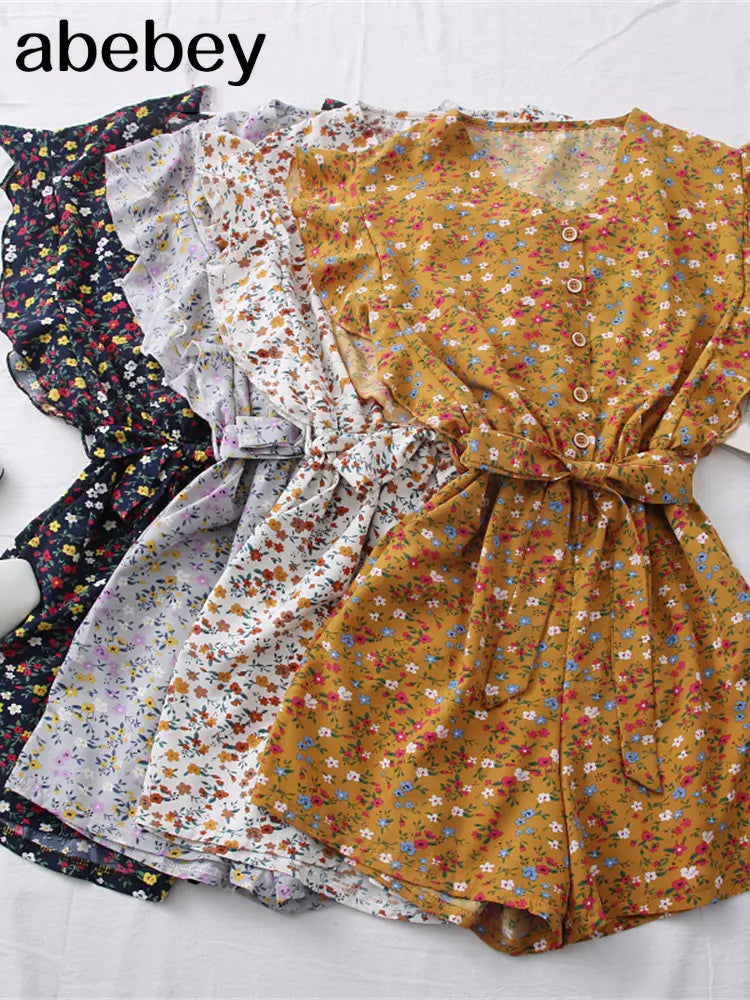 2023 New Summer Fashion All-match floral print Jumpsuit V-neck Ruffle sleeve Jumpsuit waist strap Jumpsuit wide leg Pants Color block jumpsuit, Bold design, Trendy, Chic