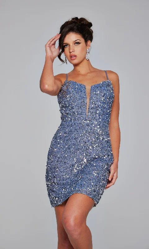 Sheer-Back Short Beaded Hoco Dress: Jovani 39635 Tunics Wedding white