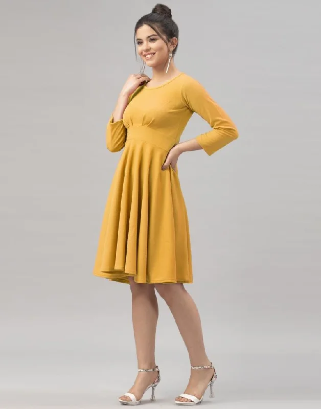 Whimsical Mustard Yellow Coloured Knitted Lycra Dress Turtleneck Warm Winter