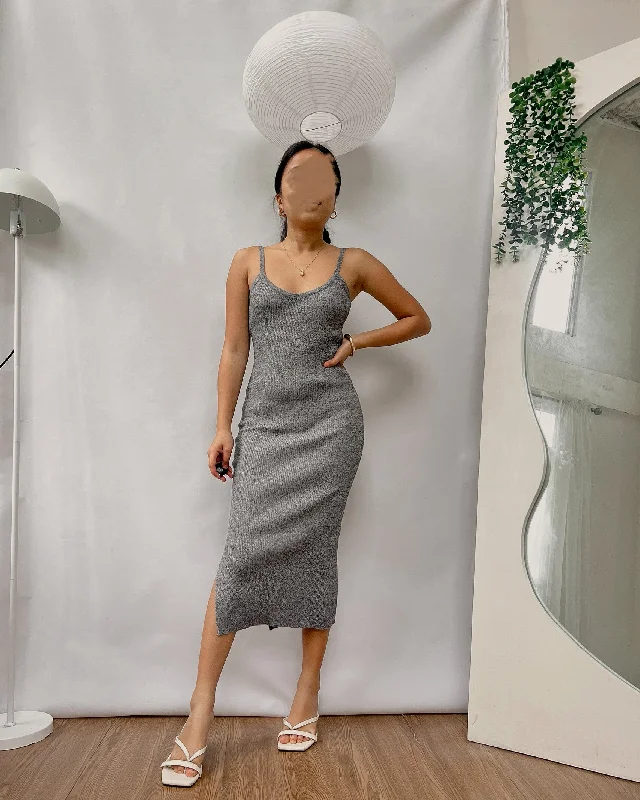 gray ribbed knit body hugging dress with side slit Tunics Luxurious high-end