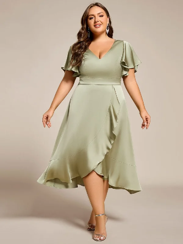 Plus Size V-Neck Satin Midi Wedding Guest Dress with Ruffled Skirt Pencil Office Professional
