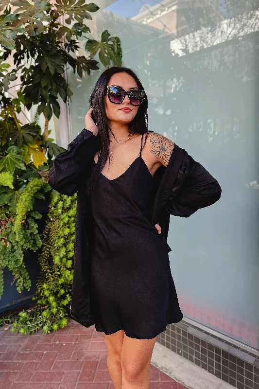 The Meet Me at Midnight Black Satin Mini Slip Dress Tunics Distressed trendy