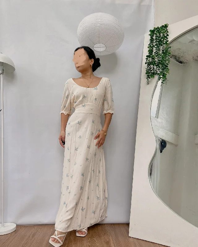 most favee high quality linen puff sleeves floral dress Tunics Custom made