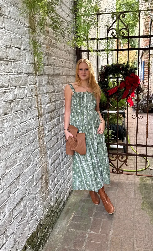 Chloe Dress Maxi Green French Floral Stripe Tunics Satin smooth