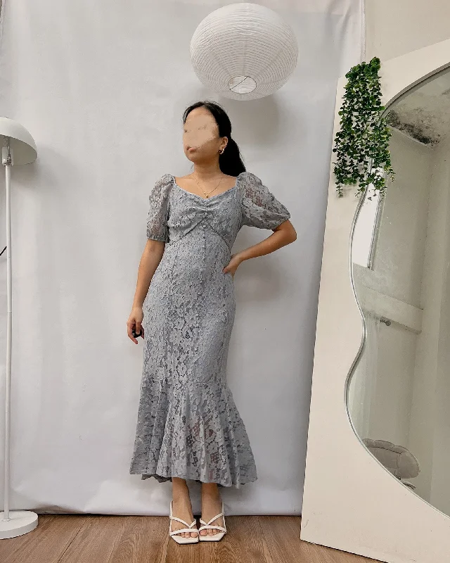 insane quality lace puff sleeve powder blue dress Cowl Neckline Elegant