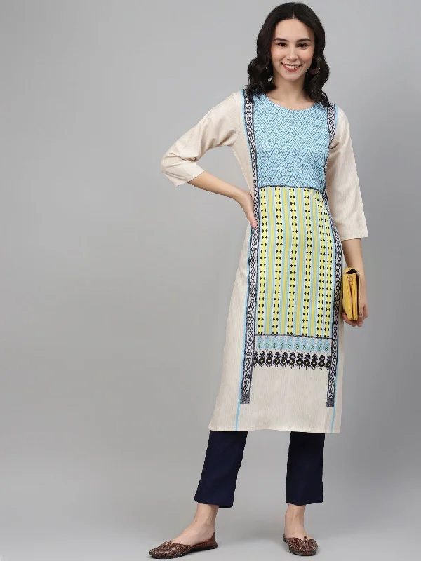 Women's Navy Blue Color Screen Print Straight Kurta And Pant Set - Ziyaa Classic Straight-Leg Pants