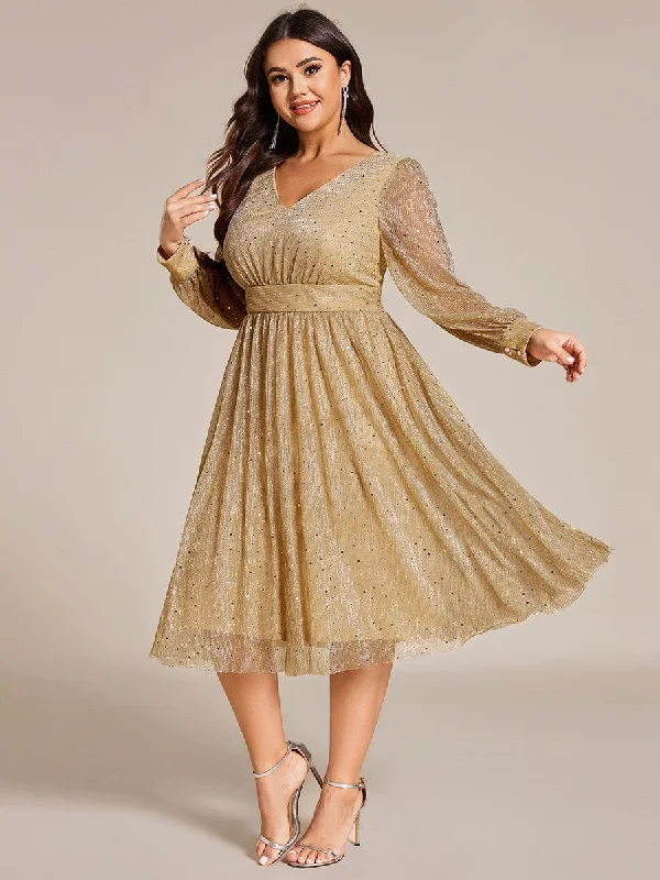 Plus Size Glitter Midi Wedding Guest Dress with Long Sleeves Tunics Versatile functional