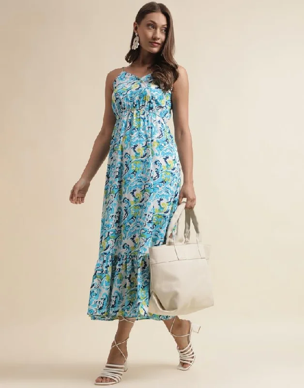 Sky Blue Printed Flared Dress Tunics Yoga stretchy
