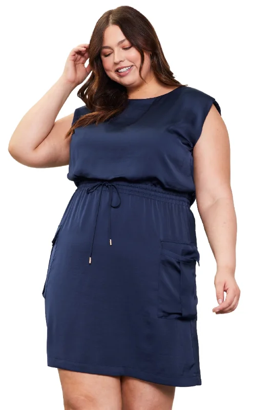 One For The Books Navy Satin Muscle Sleeve Dress Crew Neckline Casual