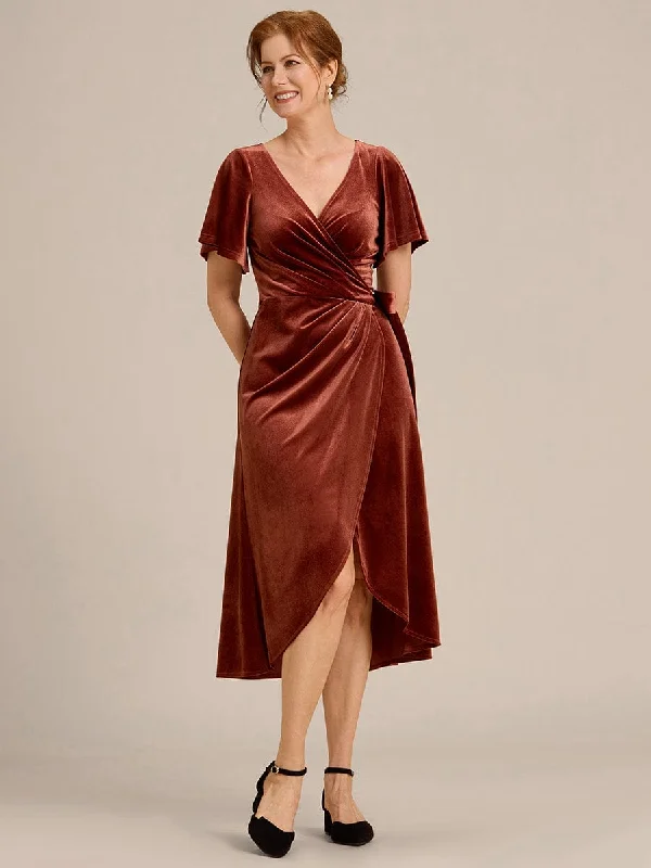 Tala | One-Piece Type Short Sleeves V-Neck Velvet Midi Mother of the Bride Dress Tunics Short Trendy