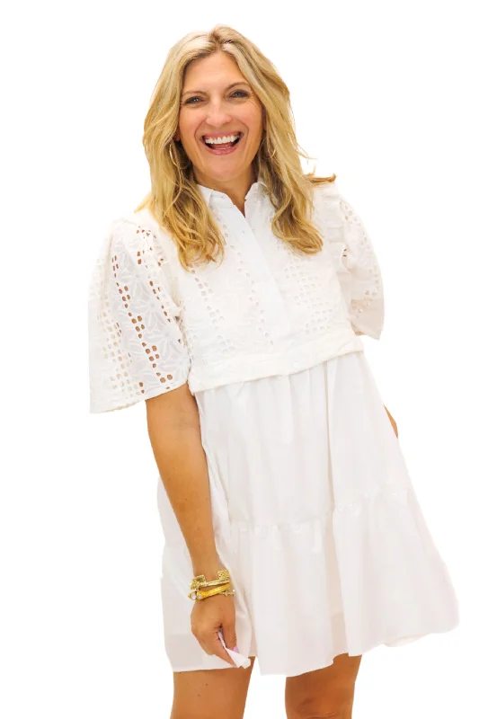 Delicate Touch Eyelet Babydoll Dress, White Tunics Polka dots