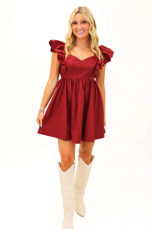 High Tide Ruffle Sleeve Dress, Maroon Tunics Velvet soft