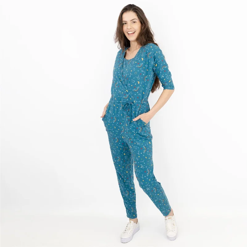 Frugi Bloom Teal Astrology Print for Maternity and Nursing Short Sleeve Cross Wrap Soft Jersey Jumpsuits Elegant wide leg jumpsuit, Chic, Casual, Comfortable