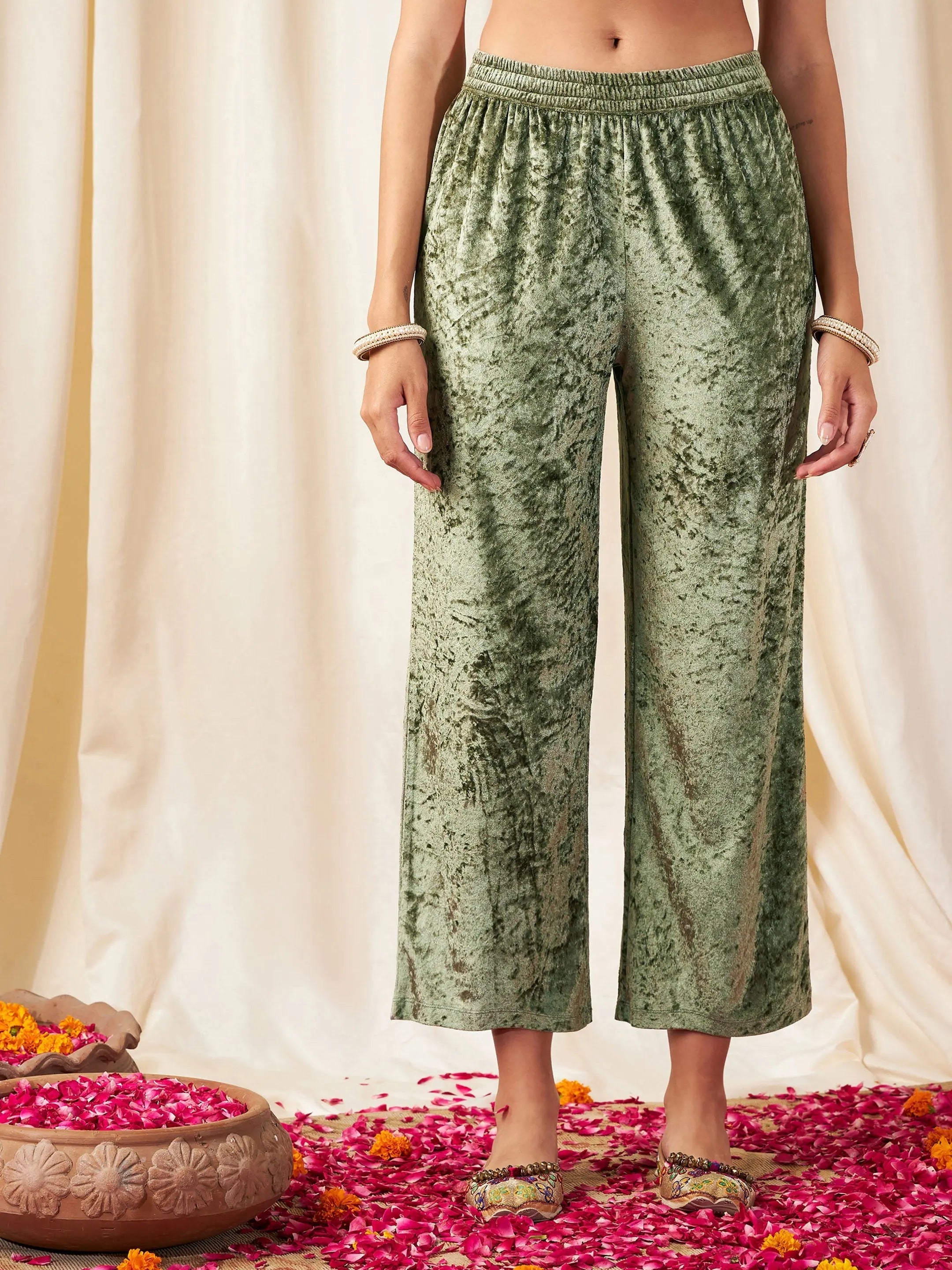 Women Olive Velvet Straight Pants Comfortable Jogging Pants