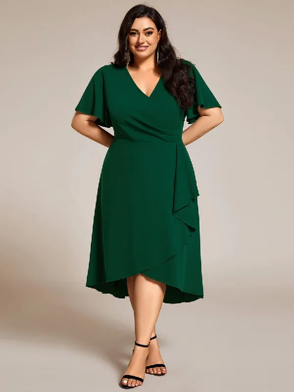 Plus Size High-Stretch V-neck Midi Wedding Guest Dress Elegant Long Evening