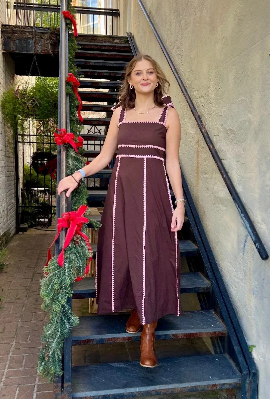 Sabrina Dress Brown with Pink Whipstitch Tunics Office stylish