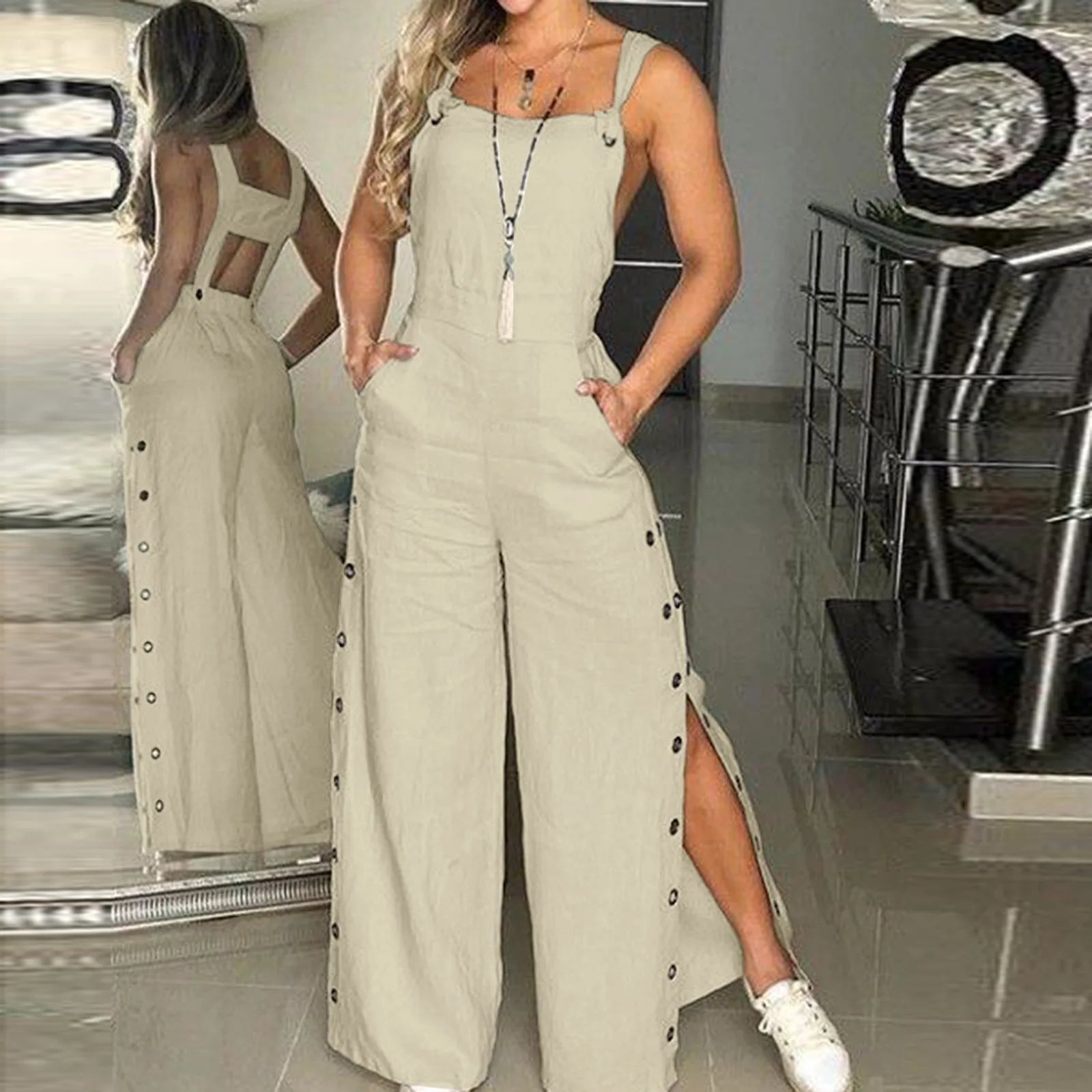 Women Summer Sleeveless jumpsuits Twisted Knot Cotton  Strappy Button Openings Women's Jumpsuits Loose Long Pants With Pockets Blue jumpsuit, Stylish, Fashionable, Chic