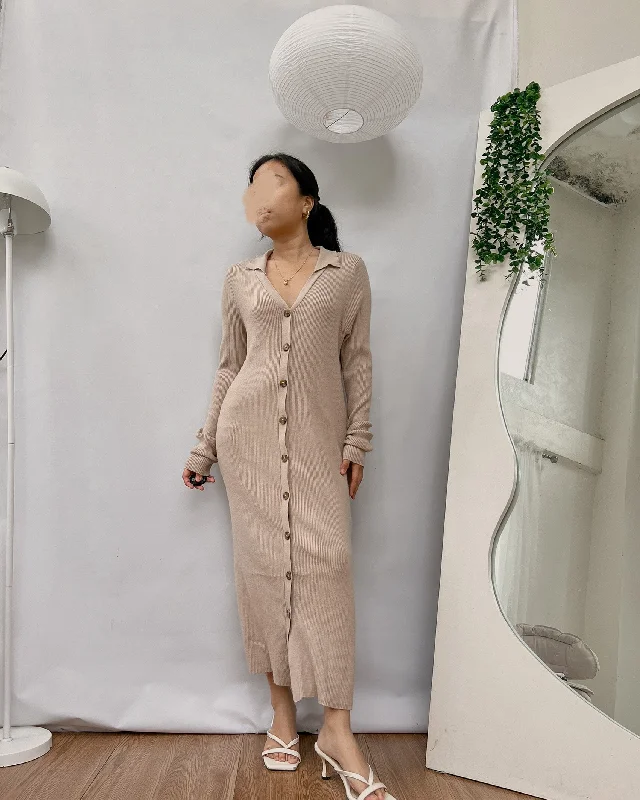 brown collared button down ribbed knit dress Tunics Summer linen