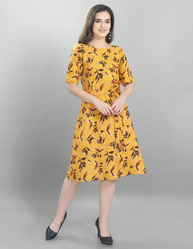 Sleek Yellow Coloured Printed Crepe Dress Pencil Office Professional