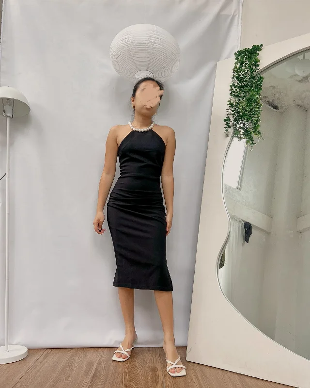 black body hugging with pearl straps halter style dress Tunics Winter warm