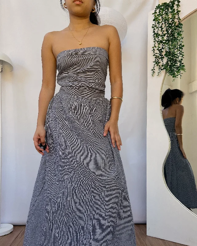 linen stripes navy blue tube dress Halter Neckline Beach
