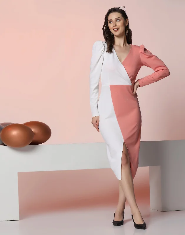 White & Peach Lycra Color block  Dress Turtleneck Neckline Stylish