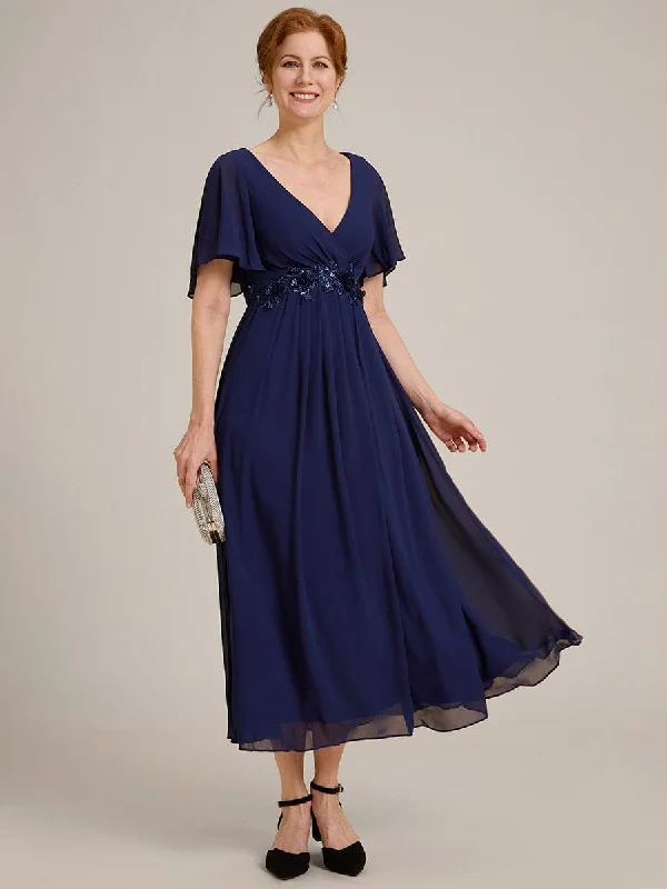 Short Sleeve V Neck Knee Length Mother of the Bride Dress Tunics Vintage classic