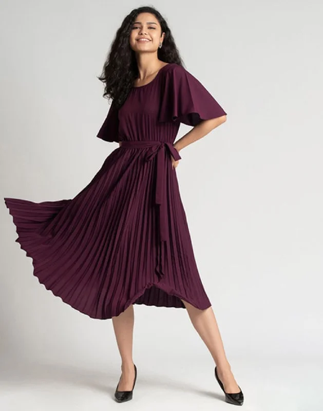 Wine Pleated Asymmetric Dress Tunics Polka dots