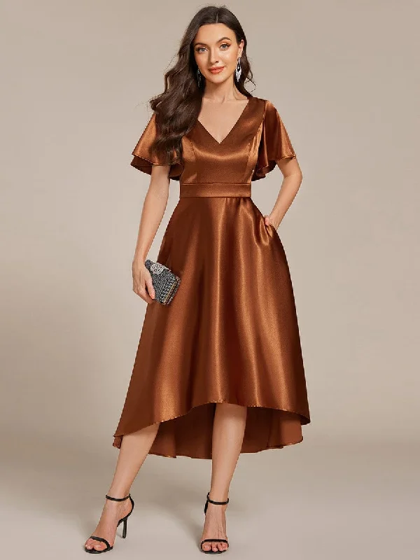 V-neck High-Low Satin Wedding Guest Dress with Pockets Tunics Winter warm