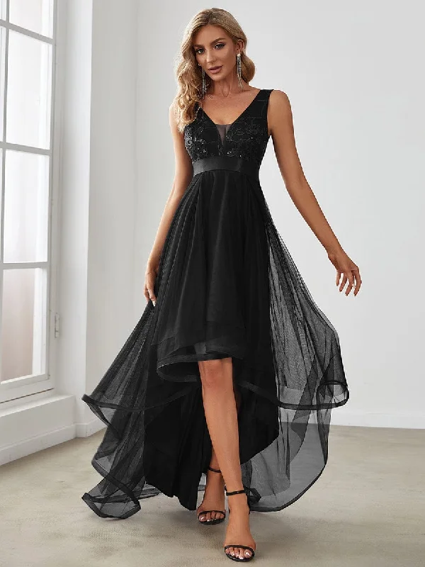 Fashion High-Low Deep V Neck Tulle Evening Dresses with Sequin Appliques sweetheart Neckline Romantic
