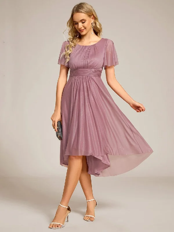 Glitter Short Sleeves Round Neck Midi Formal Dress Tunics Short Trendy
