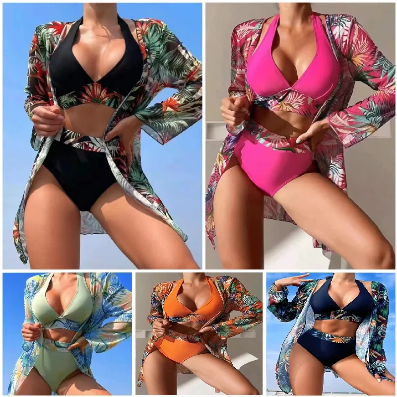 High Waist Multicolor Printed Long Sleeve Coverup Three Piece Bikini Split 2023 New Women Swimwear Female Bathing Suit Beachwear High-waist bikini, Retro style, Trendy, Comfortable
