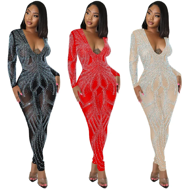 C0605TA39 Ladies' Club Clothing Sexy Deep V Long Sleeve Rhinestone Bodycon Jumpsuit Sehe Fashion Classic jumpsuit, Timeless style, Fashionable, Comfortable