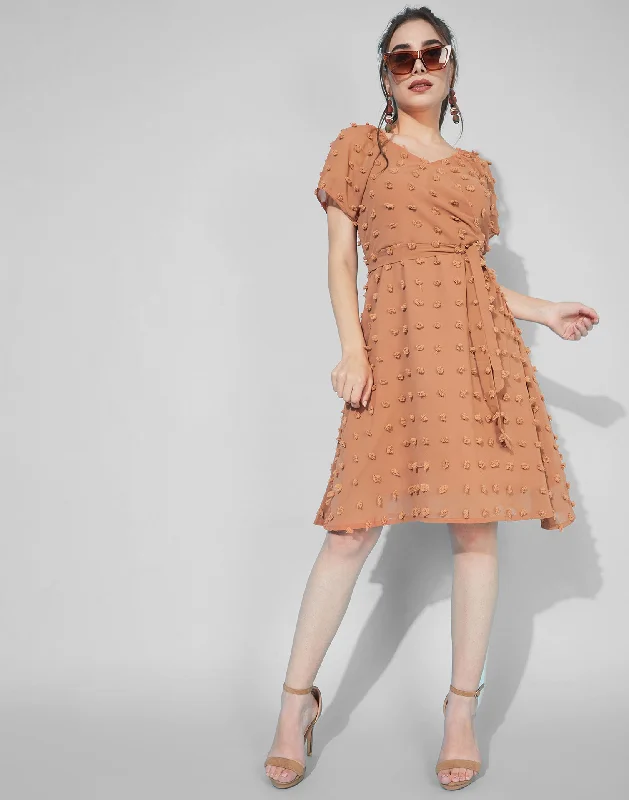 Rust Swiss Dot Overlap Collar Tie Front  Dress Casual Short Summer