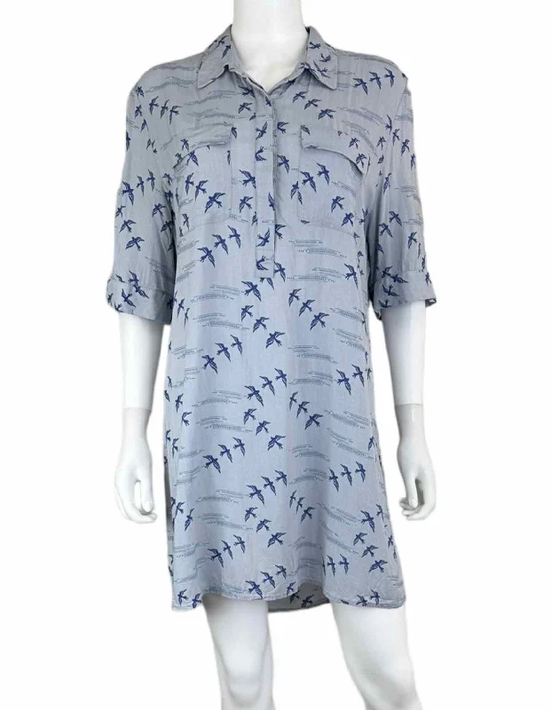 11.1.tylho Blue Bird Print Dress Size XL Boat Neckline Classic