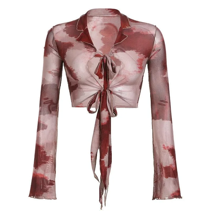 Sheer mesh see through long sleeve tie dye ruffle self tie crop top Beaded Sequined Faux Fur